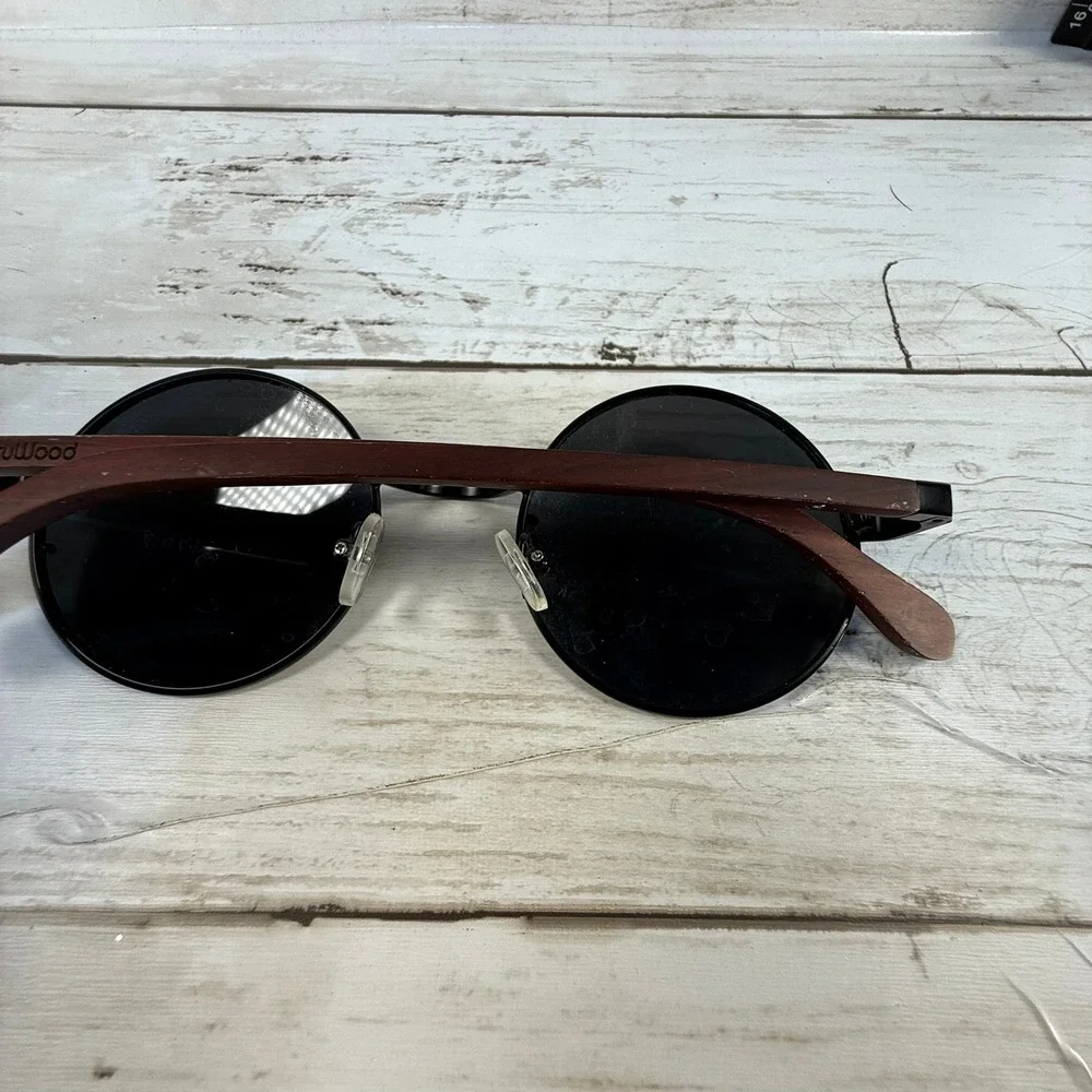 TruWood Round Sunglasses Black Metal Frame Wood Temples Retro Boho Shades
